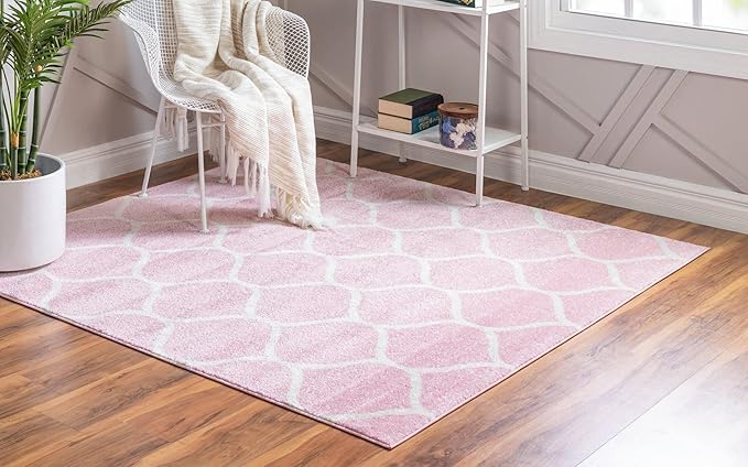 Rugs.com Lattice Frieze Collection Rug – 8' Square Light Pink Medium Rug Perfect for Living Rooms, Kitchens, Entryways