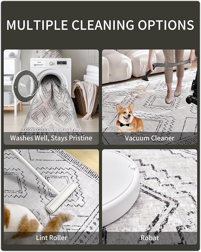 ILANGO Area Rugs 5x7, Moroccan Grey Rugs for Living Room Machine Washable Area Rugs Dedroom with Rubber Backing Non Slip Carpet for Farmhouse Dining Room, Ultra-Thin, Foldable, Easy Clean