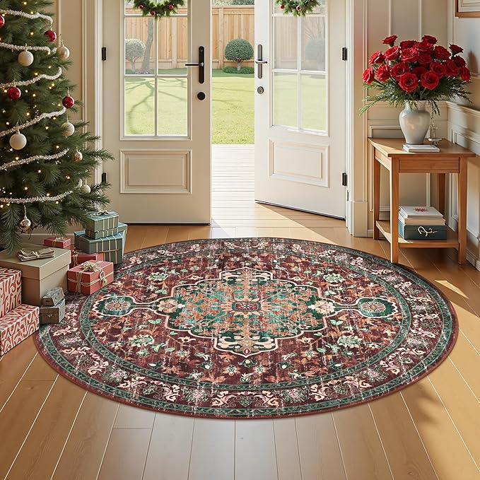 U'Artlines Boho Vintage Round Area Rug 4ft Machine Washable Low Pile Soft Floor Carpet Non Slip Non Shedding Accent Rug for Living Room Bedroom Entryway Dining Room Office Rust＆Teal