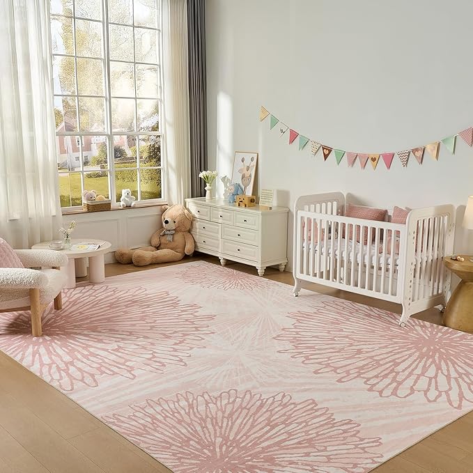 WITSHOCK Pink Rugs 12x14 for Bedroom Girls,Floral Modern Distress Print Pattern Carpet for Living Room Dining Room,Stain Resistant Anti Slip Backing Rugs for Kids Room Nursery Playroom,Light Pink