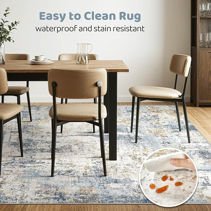 9x12 Area Rug Living Room: Washable Large Abstract Modern Soft Stain Resistant Indoor Floor Rugs Non Slip Accent Carpet for Bedroom Nursery Playroom Office Dining Room Dorm Home House- Blue
