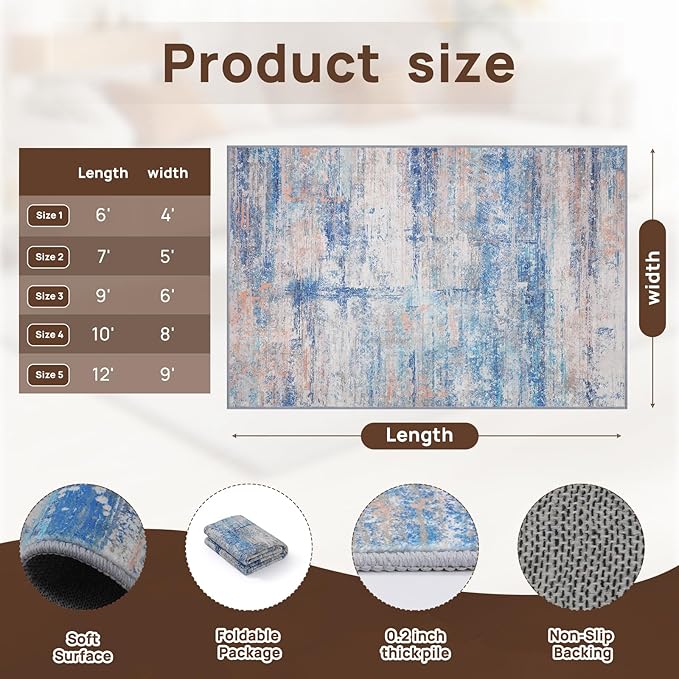 Abstract 8x10 Area Rug for Living Room Dining Room Office Bedroom Blue