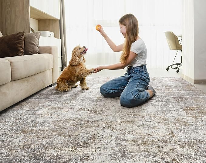 7x9 Area Rug Living Room Rugs - Washable Neutral Modern Abstract Soft Thin Large Rug Indoor Floor No Slip Rug Carpet for Bedroom Under Dining Table Home Office Decor - Brown Grey