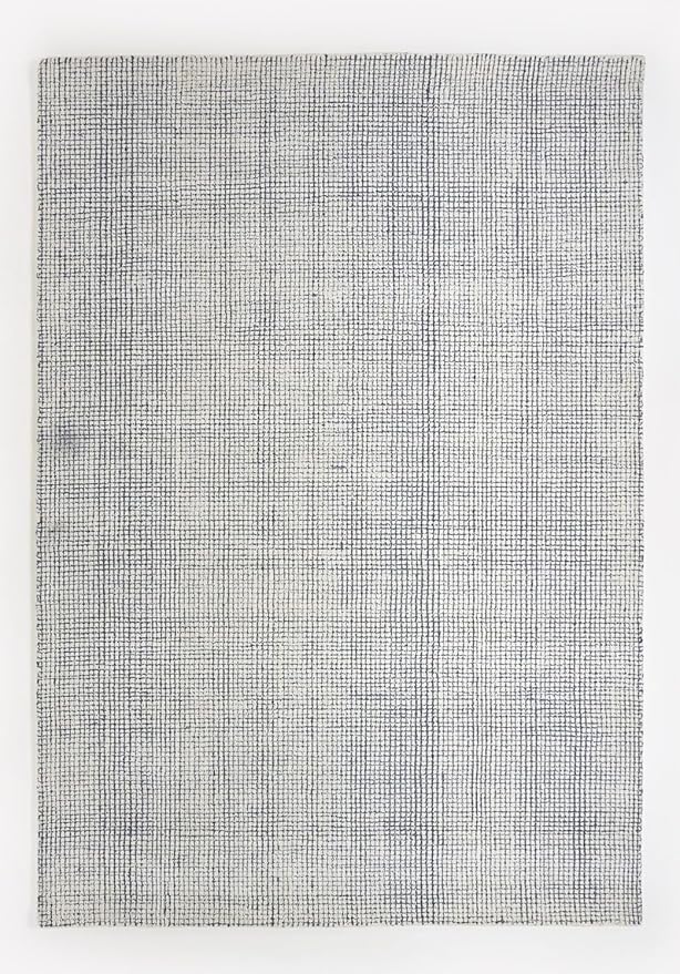 Hand-Tufted 100% Wool Pile Area Rug – Geometric Textured Grid Check Pattern – Thick and Durable Floor Carpet for Bedroom, Living Room, Kids Room, and Dining Area (Indigo Blue, 5' Round)