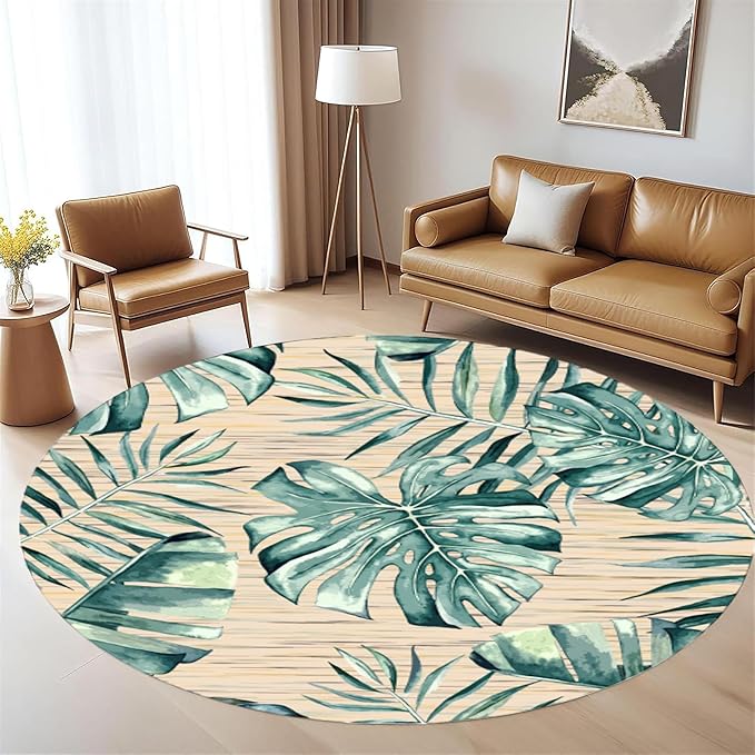 Tropical Leaf Round Area Rug 3ft - Green Beige Watercolor Design Indoor Carpet, Soft Non-Slip Floor Mat for Living Room Bedroom Office, Easy Clean Modern Decor