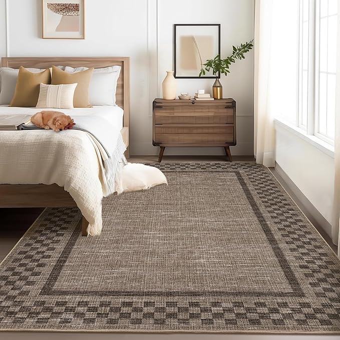 GarveeHome Washable Area Rugs 8x10 Non Slip Soft Large Living Room Rug Modern Checkered Bedroom Rug Soft Geometric Bordered Throw Carpet for Dining Room Home Decor Office Nursery, Brown