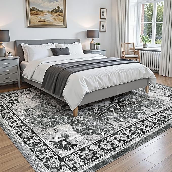 DEXI 9x12 Area Rug for Living Room, Washable Vintage Farmhouse Thin Rug Indoor Floor, Non Slip Stain Resistant Low Pile Carpet for Dining Room Bedroom Office, White Grey