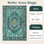 SERISSA Area Rug 3x5 Boho Teal Rugs for Bedroom, Washable Kitchen Rugs Non-Slip, Ultra Soft Print Distressed Tribal Entry Rug Low-Pile Throw Rug Carpet for Bedroom Nursery Living Room Dorm Decor