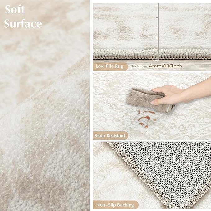 Area Rug 2x3 Entryway Rugs - Machine Washable Vintage Boho Area Rug Non-Slip Kitchen Rugs Soft Stain Resistant Indoor Door Mat, Small Floral Throw Rug for Entrance Hallway Bedroom(Cream Beige, 2'x3')