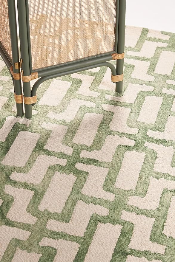 Hand-Tufted Wool Marengo Rug in Green – Modern Geometric Pattern Carpet for Living Room & Bedroom – Durable & Soft– 12 x 18