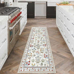 Boho Floral Machine Washable Runner Rug 2x6, Ivory Kitchen Runner Rug Non-Slip, Super Thin Hallway Rug Runner Printed Faux Wool Soft Carpet for Entryway Bedroom Laundry Room Indoor