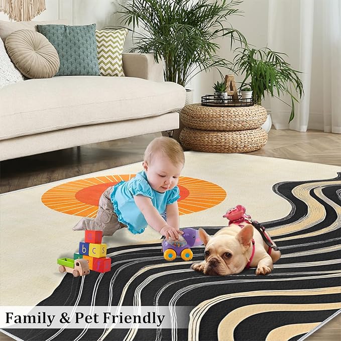 Boho Sun Area Rugs 3x5ft, Watercolor Mountain Boys Rugs for Bedroom, Abstraction Deco Kids Room Rug Soft Fuzzy Washable for Living Room Game Room Coffee Table