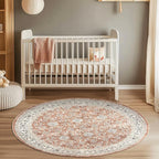 jinchan Round Rug 6ft Washable Circle Soft Rug - Low Pile Vintage 6'Round Indoor Orange Floral Print Stain Resistant Boho Carpet Ultra-Thin Non-Slip for Living Room Nursery Bedroom Dining Room Kitchen