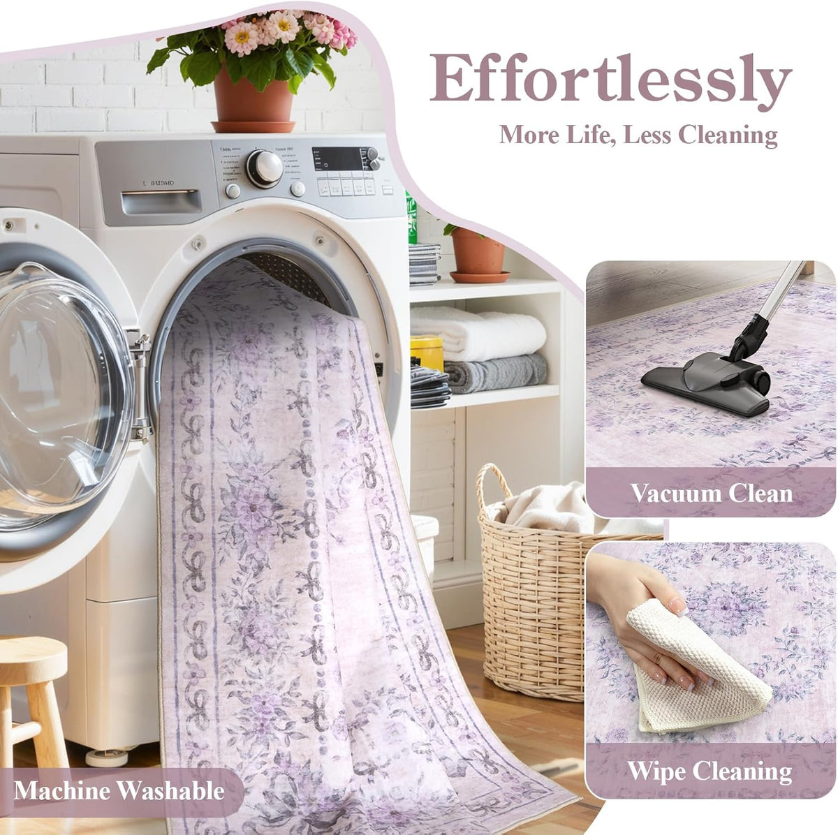 Wonnitar Floral Print 8x10 Washable Rug, Purple Bow Room Decor for Girls Bedroom, Ultra-Thin Non Slip Soft 8 x 10 Large Boho Carpet for Living Room Baby Nursery Kids Playroom