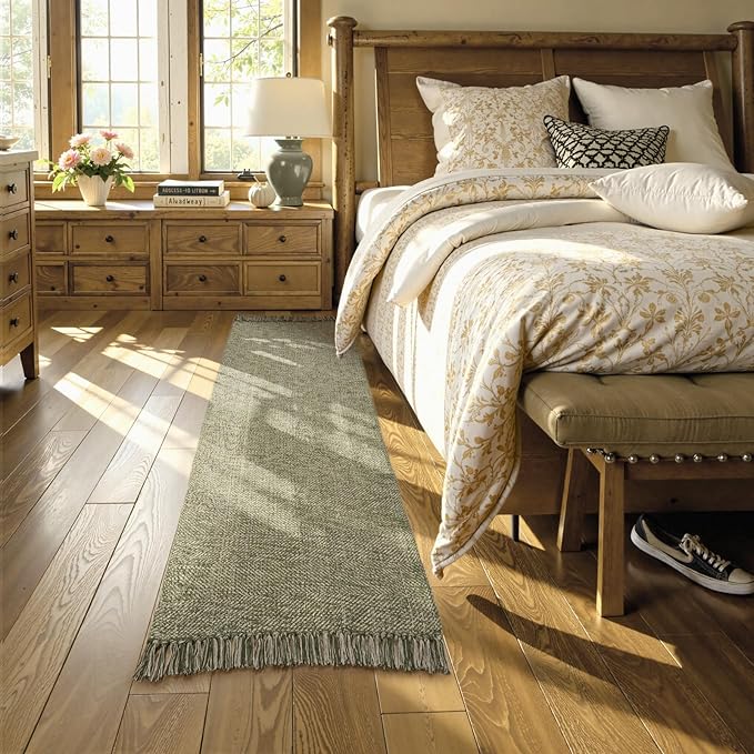 Collive Long Carpet Runners for Hallway 2.6x8ft, Washable Cotton Woven Kitchen Runner Rugs Low-Profile Entryway Rug, Natural/Green Modern Front Door Floor Carpet for Laundry Room Bedroom Doorway