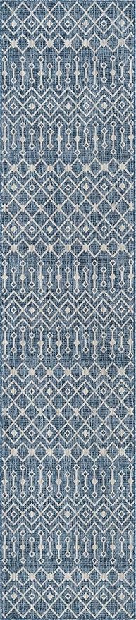 Unique Loom Outdoor Trellis Collection Area Rug - Tribal Trellis (2' 7" x 12' Runner, Blue/ Ivory)
