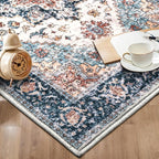 SERISSA Area Rug 3x5 Boho Rugs for Bedroom, Washable Kitchen Rugs Non-Slip, Ultra Soft Print Distressed Tribal Entry Rug Low-Pile Throw Rug Blue Orange Carpet for Bedroom Nursery Living Room Decor