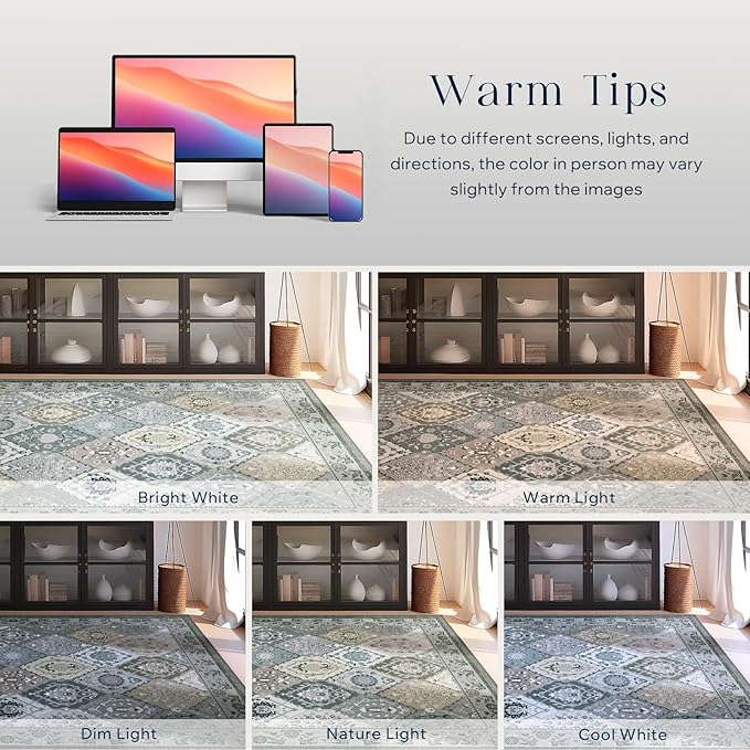 Phantoscope Washable Area Rug 9'x12' Non-Slip, Vintage Boho Rugs for Living Room, Bedroom, Dining Room, Distressed Moroccan Mosaic Diamond Pattern, Low-Pile Foldable Floor Carpet, Grey Charcoal