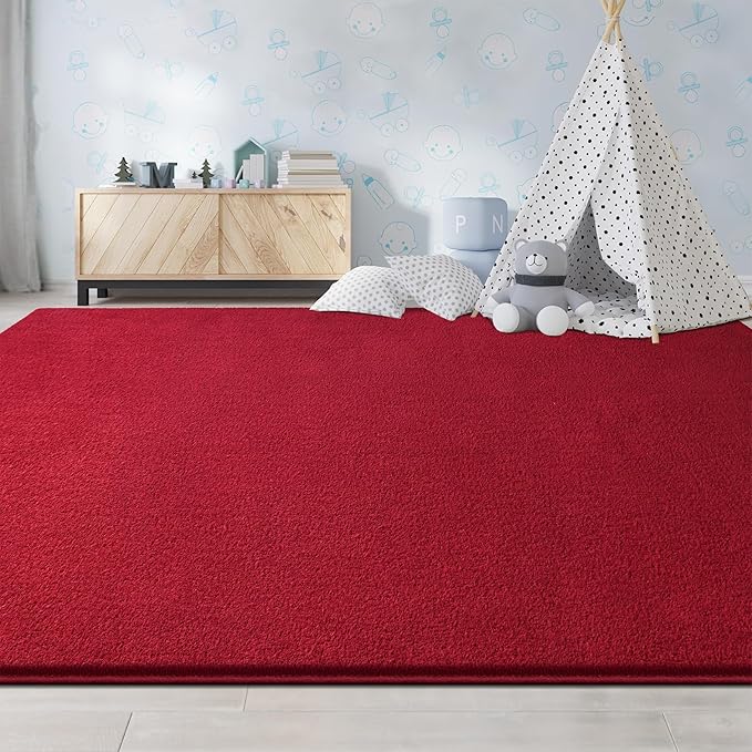 Large Area Rugs for Living Room Bedroom, 5x8 Feet Burgundy Red Rug, Minimalist Modern Shag Rug, Soft Thick Memory Foam Indoor Carpet, Non-Slip Washable Rug for Boys Girls Dorm Nursery Room Home Decor
