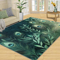 Peacock Feather Rugs for Living Room - 5x8 Rug, Peacock Decor Area Rugs for Bedroom, Teal Turquoise Rug, Plant Washable Carpet, Malachite Green Feather Carpet - Peafowl Home Decor & Gifts