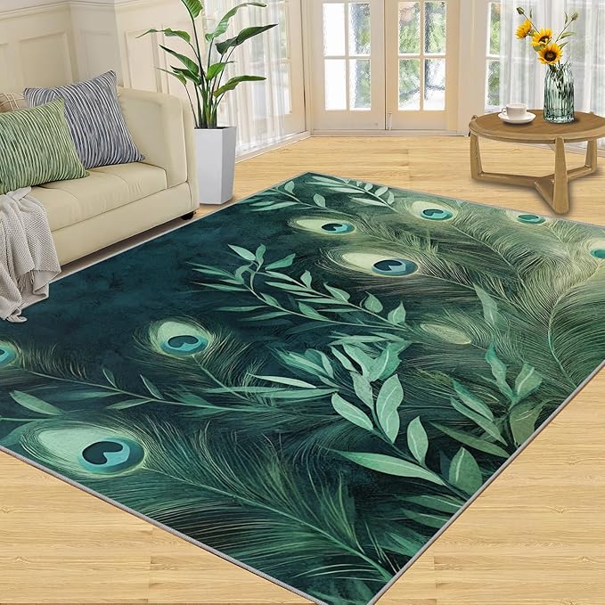 Peacock Feather Rugs for Living Room - 5x6 Rug, Peacock Decor Area Rugs for Bedroom, Teal Turquoise Rug, Plant Washable Carpet, Malachite Green Feather Carpet - Peafowl Home Decor & Gifts