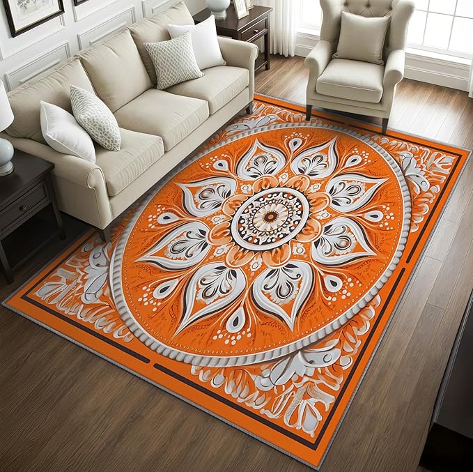 Mandala Rugs 5x7 -Orange Mandala Rug, 3x5 ft, Vintage Meditation Area Rug, Hippie Spiritual Washable Non-Slip Rugs for Entryway, Boho Vintage Floral Home Decor & Gifts