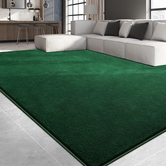 Large Area Rugs for Living Room Bedroom, 7x10 Feet Dark Green Rug, Minimalist Modern Shag Rug, Soft Thick Memory Foam Indoor Carpet, Non-Slip Washable Rug for Boys Girls Dorm Nursery Room Home Decor