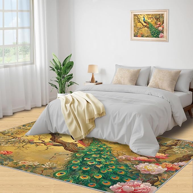 Peacock Peony Rugs for Bedroom - 4x6 Rug, Classic Peacock Peony Area Rugs for Living Room, Oriental Carpet, Floral Plant Washable Area Mat, Aesthetics Carpet - Peafowl Home Decor & Gifts