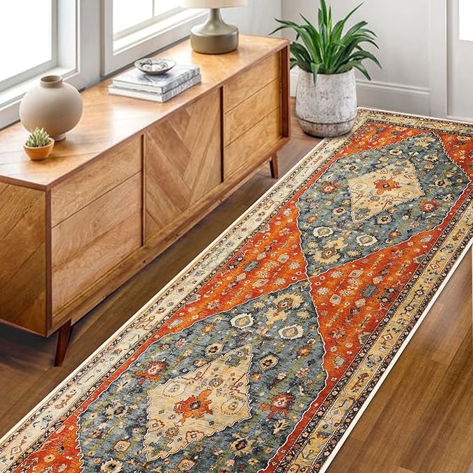 COMSLE Boho Runner Rug, 2' x 7' Washable Rugs for Hallway Faux Wool Small Kitchen Area Rug Distressed Throw Rug Non-Slip Laundry Room Rug Carpet Runner for Entryway Indoor Bedroom