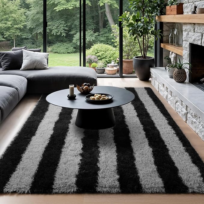 Zentavio Area Rugs for Living Room Rugs for Bedroom 4x6 Carpet Fluffy Fuzzy Soft Shag Aesthetic Plush High Pile Gray Throw Rug for Nursery Kids Room Dorm Horizontal Stripes Black Grey