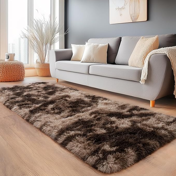 Fluffy Area Rugs for Living Room, Soft Shaggy Carpets for Living Room, Upgrade Anti-Slip Fuzzy Rugs for Kids' Room, Perfect Decor for Modern Home Tie Dye Coffee 2x6Feet