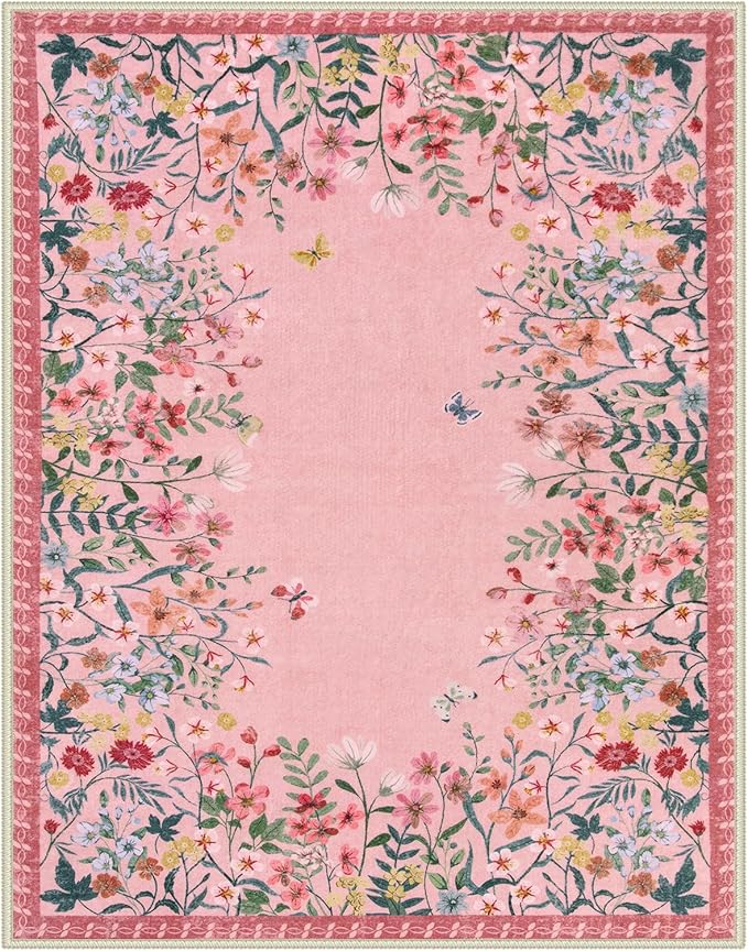 Wonnitar Washable Pink Floral 8x10 Rugs for Bedroom, Non-Slip Living Room Area Rug, Cute Nursery Large Botanical Area Rug, Soft Floor Carpet for Playroom Closet (Pink,8'x10')