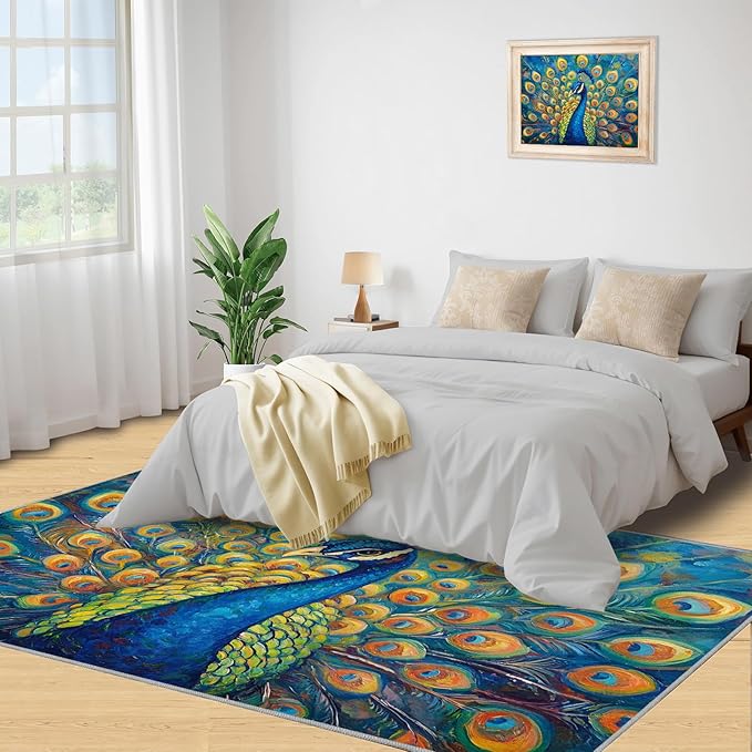 Peacock Area Rug 6x9-6x9 Rug, Wonderful Peacock Rugs for Living Room, Teal Turquoise Carpet, Peafowl Washable Area Rugs for Bedroom, Aesthetics Carpet - Peafowl Home Decor & Gifts