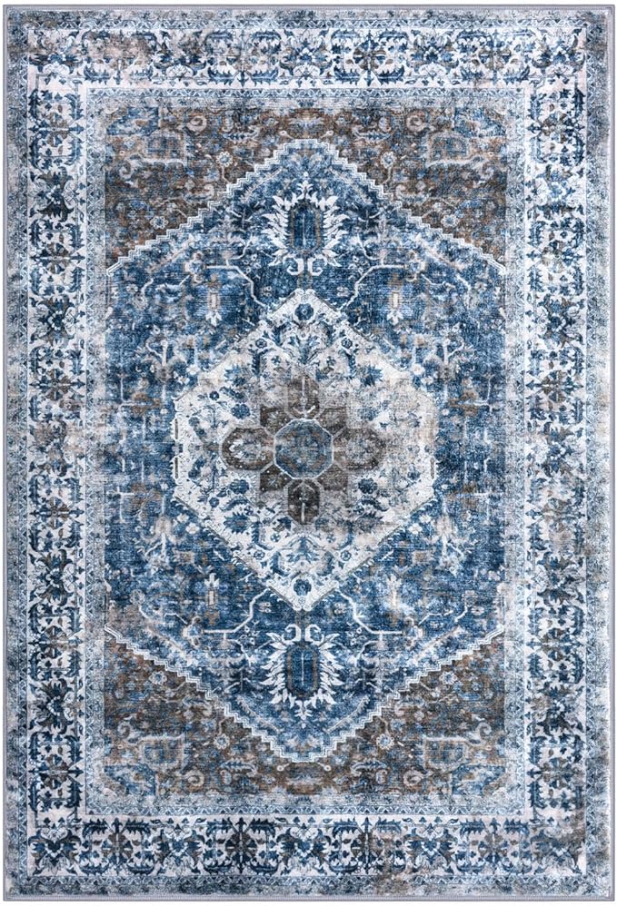 KOZYFLY Small Area Rug 2x3 Ft Rugs for Entryway Washable Boho Entry Rug Non Slip Door Mat Indoor Entrance Blue Printed Faux Wool Vintage Printed Kitchen Rug Throw Rugs for Entrance Kitchen Bathroom