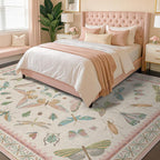 7x9 Cute Insect Rugs for Girls Bedroom - Pink and Blue Washable Floral Living Room Rugs, Dining Room Under Table, Insect Print Whimsical Indoor Décor, Low Pile & Soft