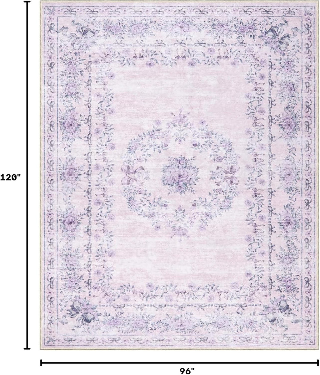 Wonnitar Floral Print 8x10 Washable Rug, Purple Bow Room Decor for Girls Bedroom, Ultra-Thin Non Slip Soft 8 x 10 Large Boho Carpet for Living Room Baby Nursery Kids Playroom