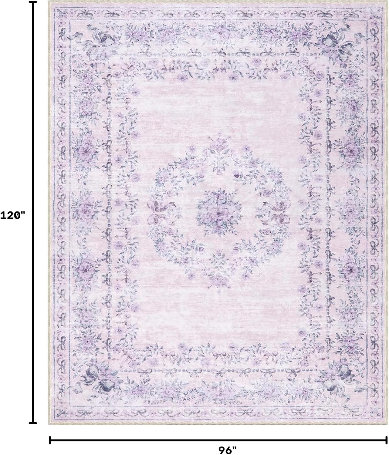Wonnitar Floral Print 8x10 Washable Rug, Purple Bow Room Decor for Girls Bedroom, Ultra-Thin Non Slip Soft 8 x 10 Large Boho Carpet for Living Room Baby Nursery Kids Playroom