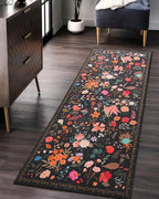 Boho Floral Runner Rug 2x6, Washable Non-Slip Kitchen Rug, Ultra Soft Vintage Carpet for Hallways, Kitchen, Bedroom, Bathroom (Black)