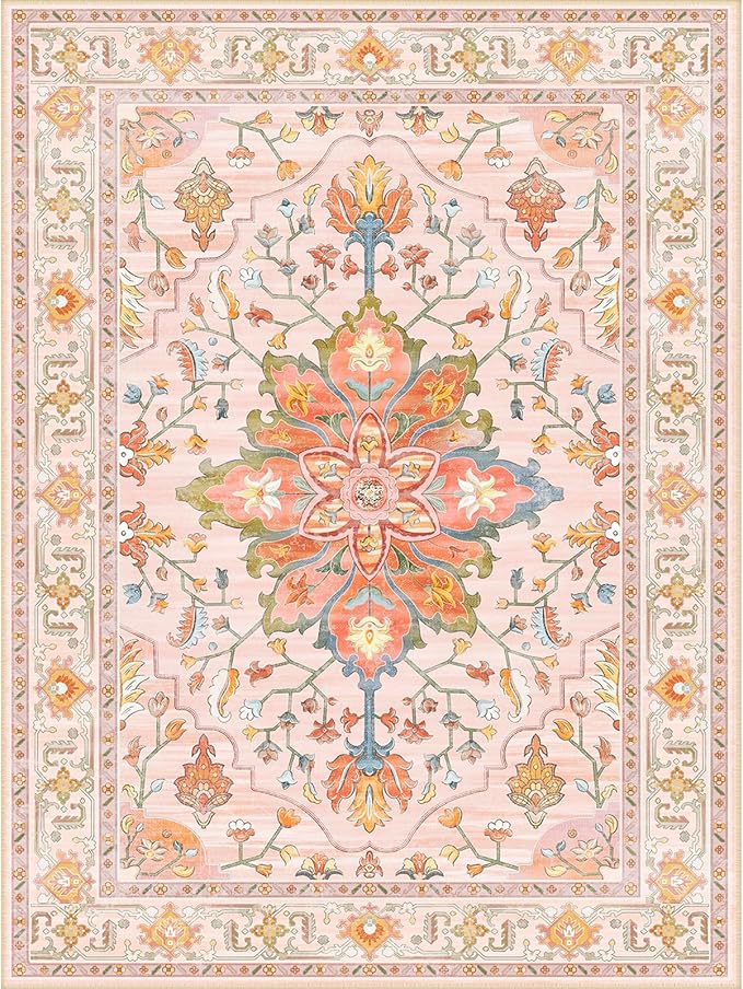 Area Rugs Square 4ft Washable Non-Slip, Floral Vintage Distress Print Pattern Medallion Carpet for Living Room Bedroom Dining Room, Light Pink Colorful