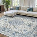 Area Rugs 8'x10' Washable Non-Slip, Floral Vintage Distress Print Pattern Medallion Carpet for Living Room Bedroom Dining Room, Light Blue Navy Beige Gray White