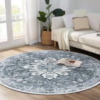 Area Rugs 5ft Washable Non-Slip, Floral Vintage Distress Print Pattern Medallion Carpet for Living Room Bedroom Dining Room, Light Gray Grey White