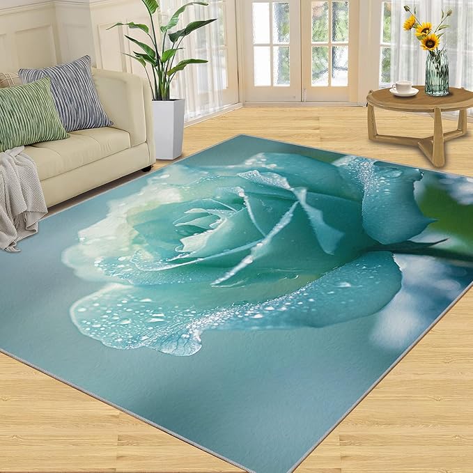 8x10 Blue-Rose Rugs for Living Room - Realistic Florals Large Area Rug, Flowers Modern Boy Nursery Rug Soft Washable for Classroom Office Bedroom Kids Room