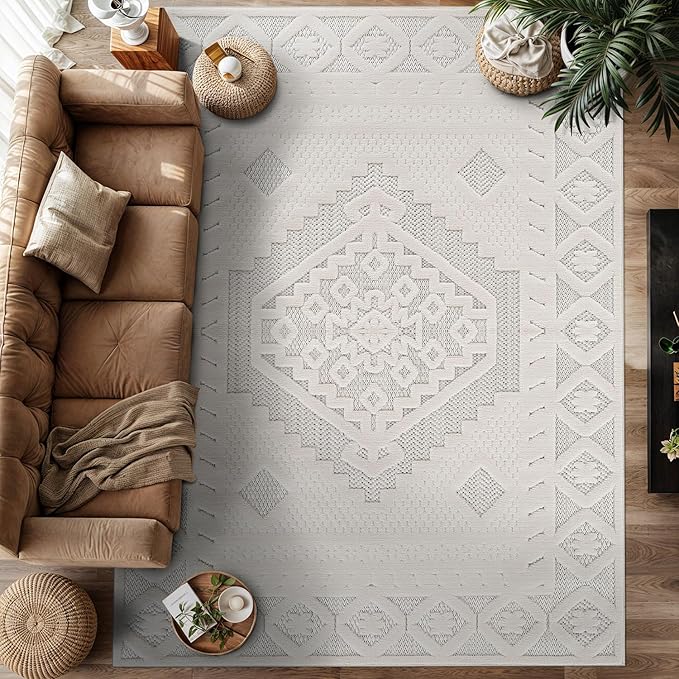 Modern Micro Loop Indoor Area Rugs for Living Room Bedroom Kitchen Geometric Trellis White 8x10 Luxury Durable Low and High Pile Non-Shedding Stain Resistant Soft Area Carpet 8 x 10