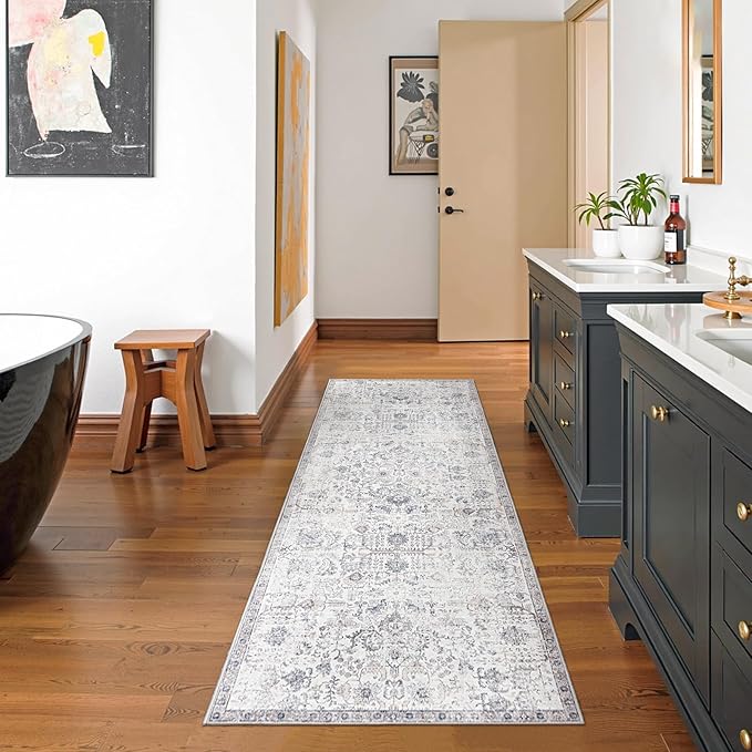 jinchan Kalen Runner Rug 2x8 Washable Hallway Rug Vintage Indoor Thin Retro Floor Cover Distressed Gray Floral Country Lightweight Non Slip Carpet for Entryway Bathroom Bedroom Living Room Grey