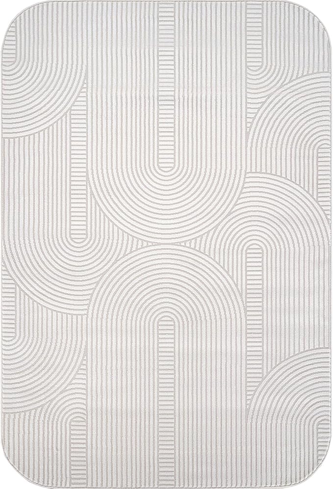 Beverly Rug Modern Geometric Area Rug 4x6 Low-High Pile Durable Soft Abstract Semi-Circles Indoor Rugs for Living Dining Room Office Stain Resistant Non Shedding Indoor Carpet Beige White 4 x 6