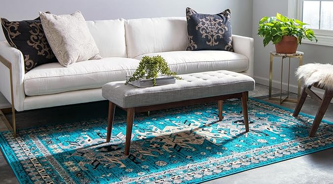 Unique Loom Taftan Collection Border Geometric Tribal Inspired Design Area Rug (4' 0 x 6' 0 Rectangular, Turquoise/ Gray)