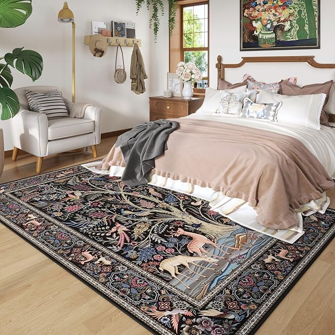 Rugcomf Area Rug 6x9 Vibrant Tree of Life-Patterned Vintage Washable Rug Non Slip Low Pile Large Rug for Living Room Bedroom Farmhouse Dining Room Kids Playroom, Black