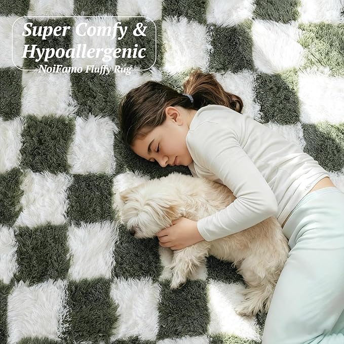 4x6 Area Rugs for Living Room Bedroom, Soft Fluffy Shaggy Bedside Rug, Indoor Floor Carpet for Kids Playroom, Dorms, Nursery Rooms, Home Decor (Olive Green & White 4'x6')