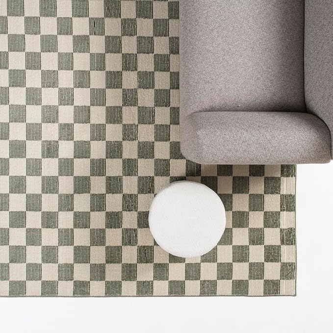 Revival Rugs Gambit 7'10"x10' Checkered Rug Washable Area Rug for Living Room Bedroom - 100% Recycled Oeko-TEX Certified, Medium Pile, Green, Beige