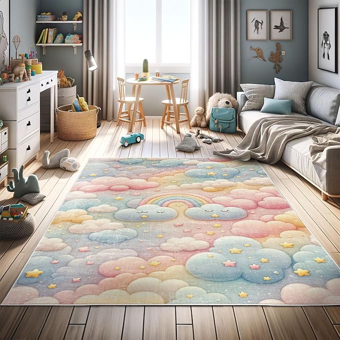 Ambesonne Cartoon Sky Decorative Rug, Dreamy Colors Celestial Atmosphere with Starry Kawaii Clouds Rainbow, Quality Carpet for Bedroom Dorm and Living Room, 4' X 5' 5", Blush Mustard Blue